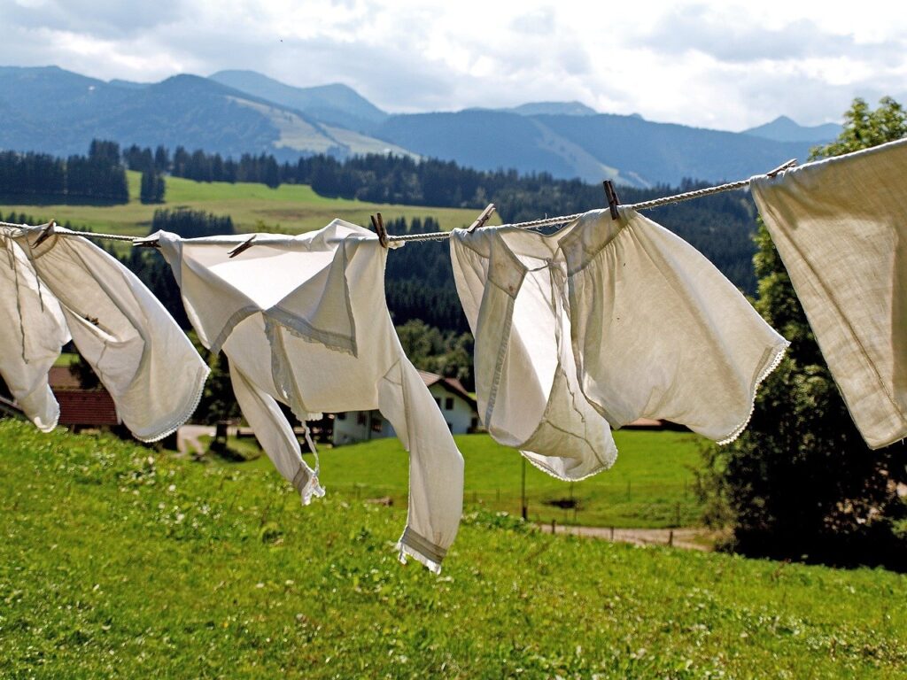草原にゆれる真っ白な洗濯物たち